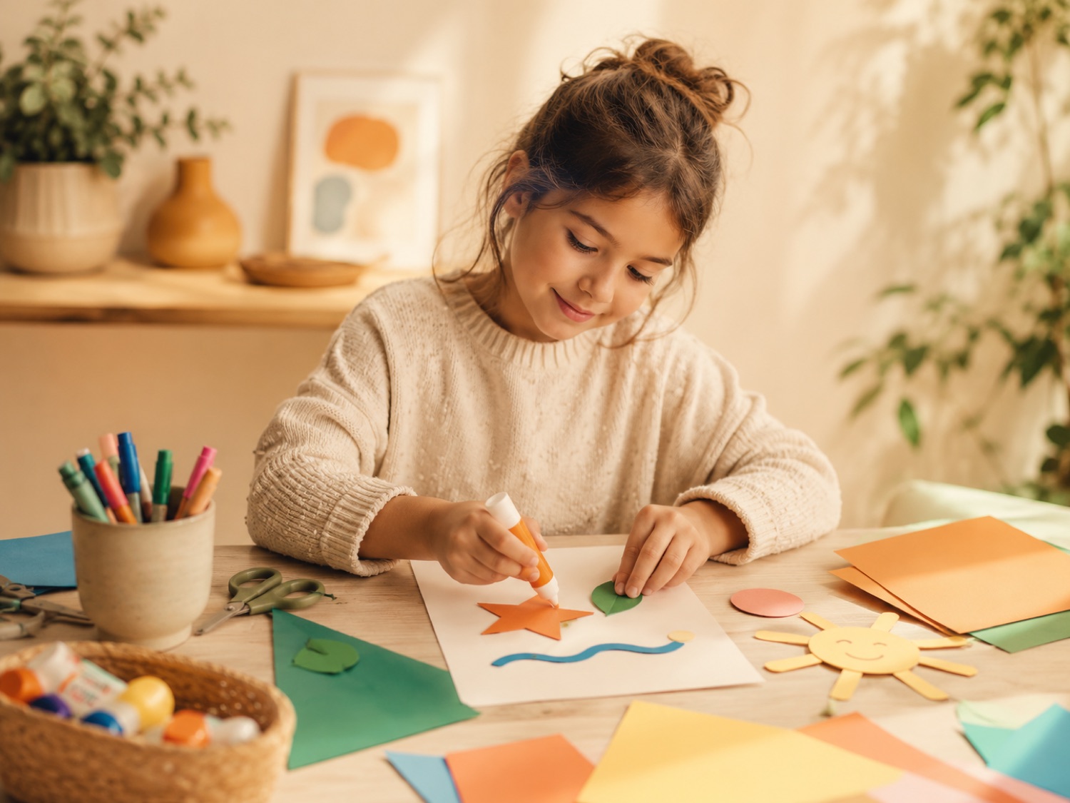Une enfant qui réalise un collage en papier sur une table ensoleillée, loin des écrans